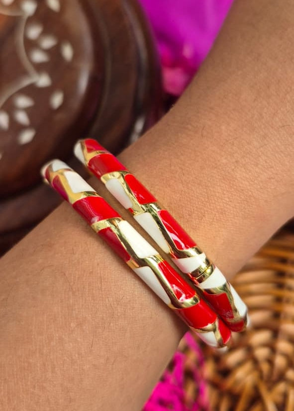 Red White Tiled Sleek Enamel Bangle-Single Piece