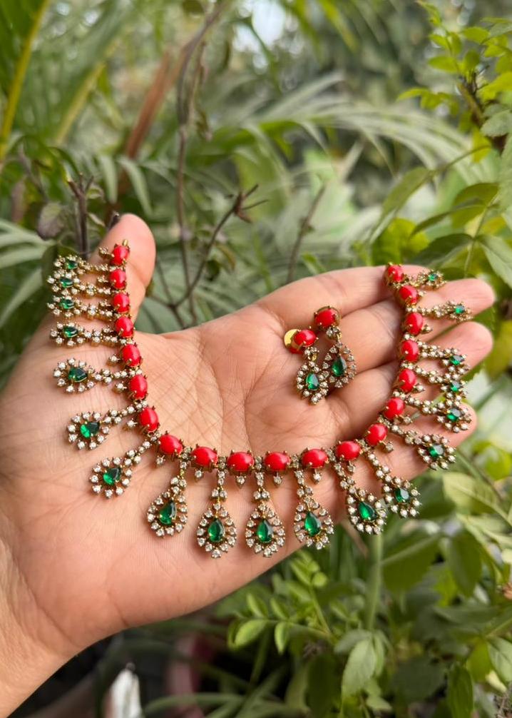 Devalika Coral Temple AD Necklace Set - Multicolour
