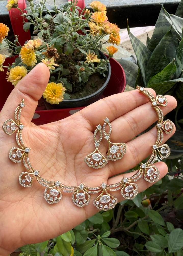 Chakravarti Temple AD Necklace Set - Clear/White