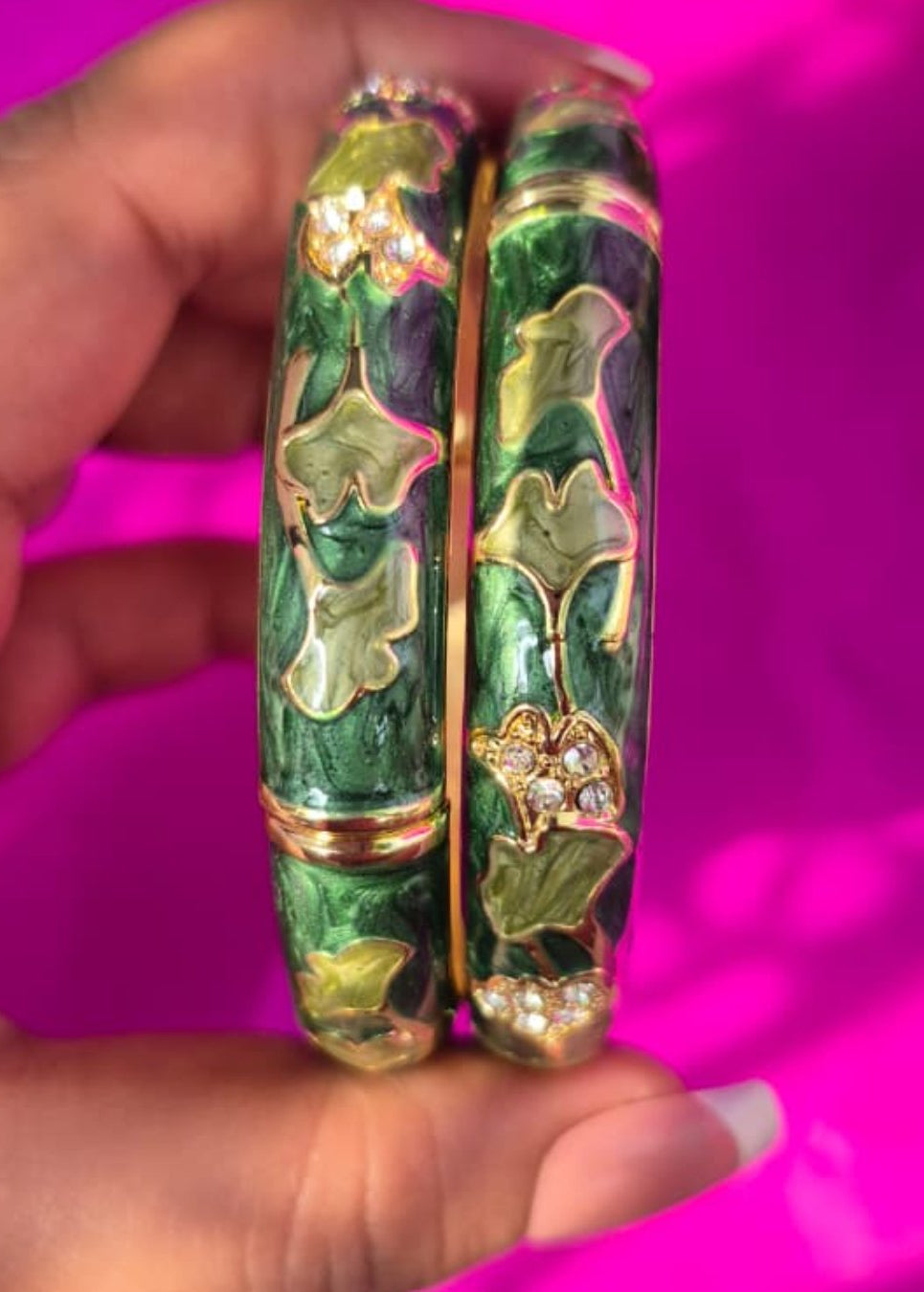 Green Lily Enamel Broad Bangles-Single Piece
