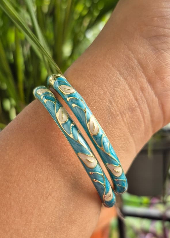 White Petals Sky blue Sleek Enamel Bangles-Single Piece