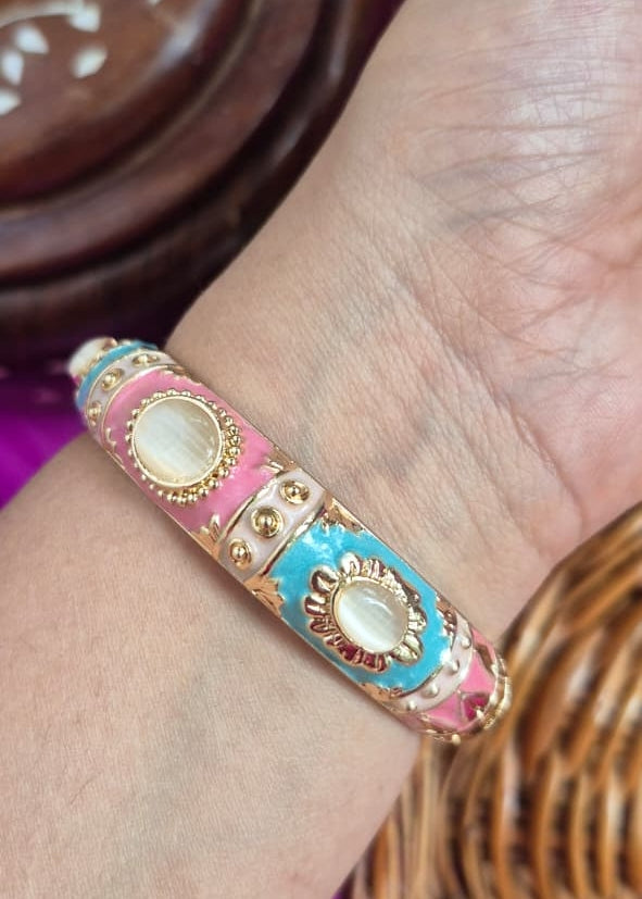 Antique Stone Broad Enamel Bangles- Single Piece (Blue & Pink)