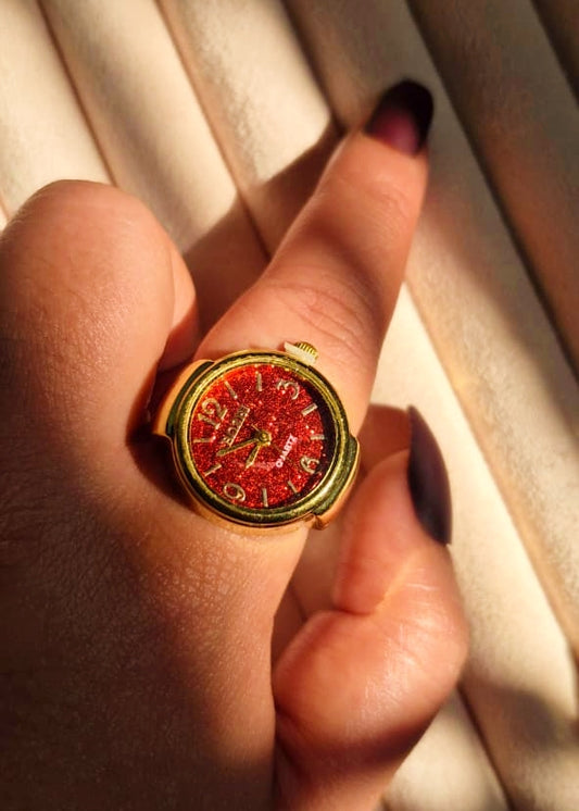 Golden Hour Red Glitter Dial Watchring-Gold