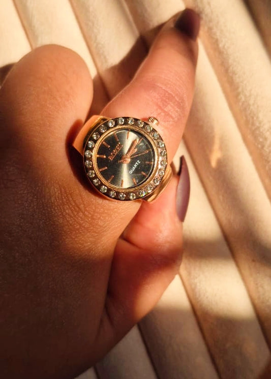 Stone Studded Dark Dial Watchring-RoseGold