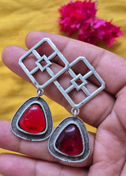 Mystic Drop Oxidized Silver Earring-Red
