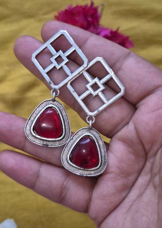 Mystic Drop Oxidized Silver Earring-Red