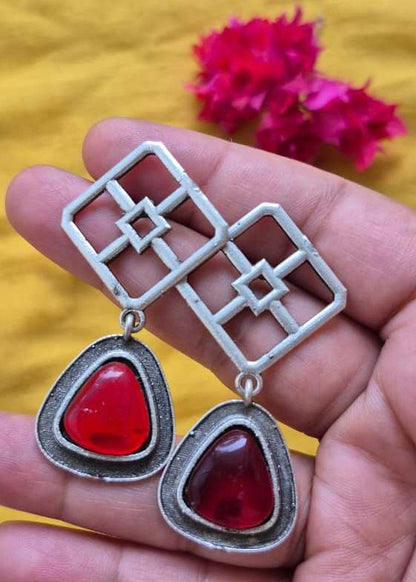 Mystic Drop Oxidized Silver Earring-Red