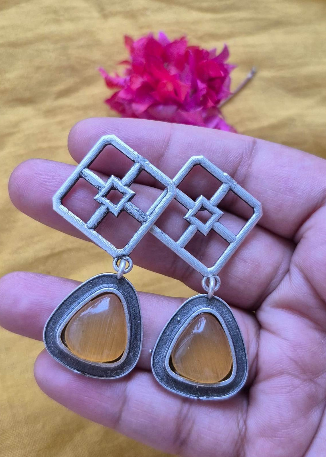 Mystic Drop Oxidized Silver Earring-Orange