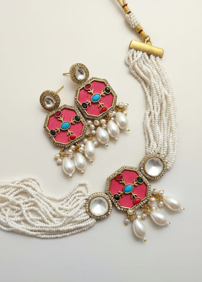 Bandhai Kundan Pink Necklace Set