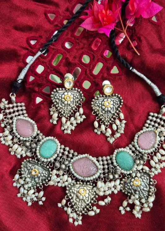Pink Green Tribal Necklace Set
