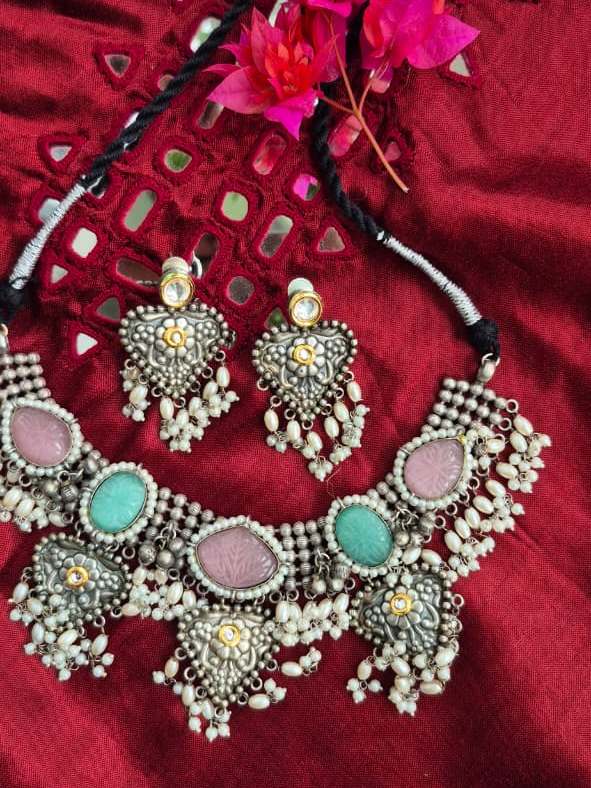 Pink Green Tribal Necklace Set