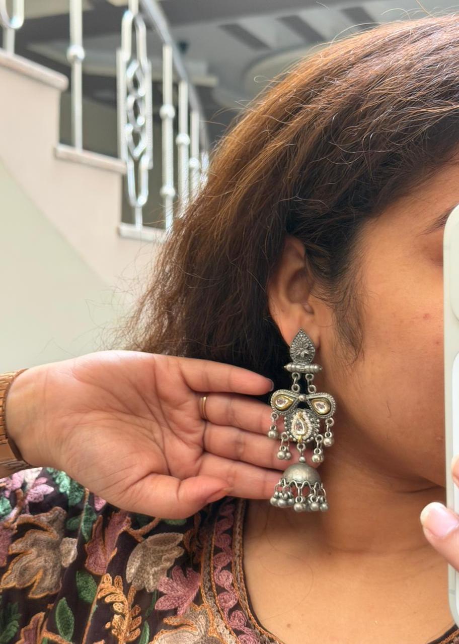 Saaz Oxidized Silver Jhumka- White