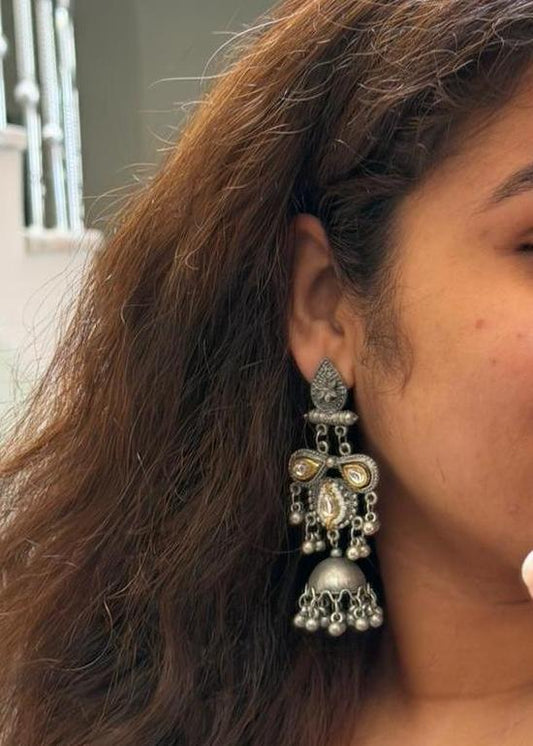 Saaz Oxidized Silver Jhumka- White