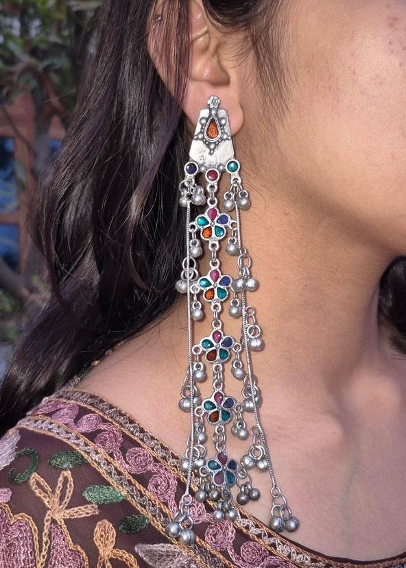 Gulnaar Kashmiri Oxidized Silver Long Jhumka