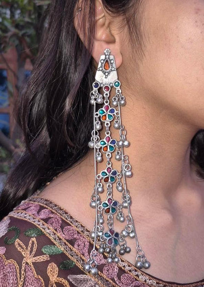 Gulnaar Kashmiri Oxidized Silver Long Jhumka