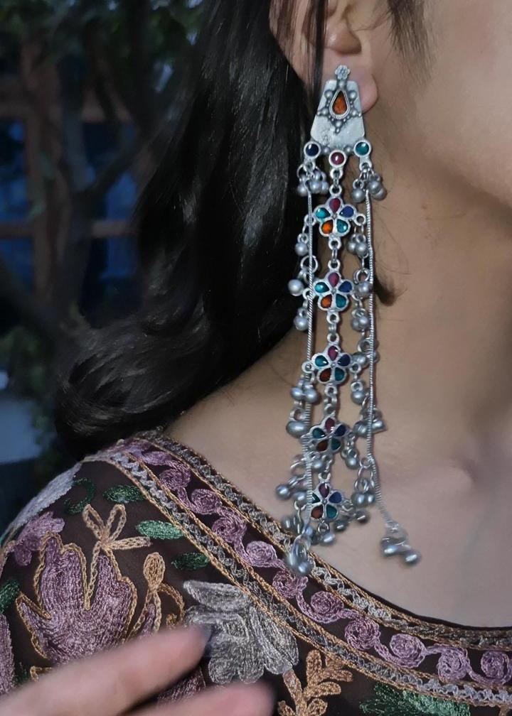Gulnaar Kashmiri Oxidized Silver Long Jhumka