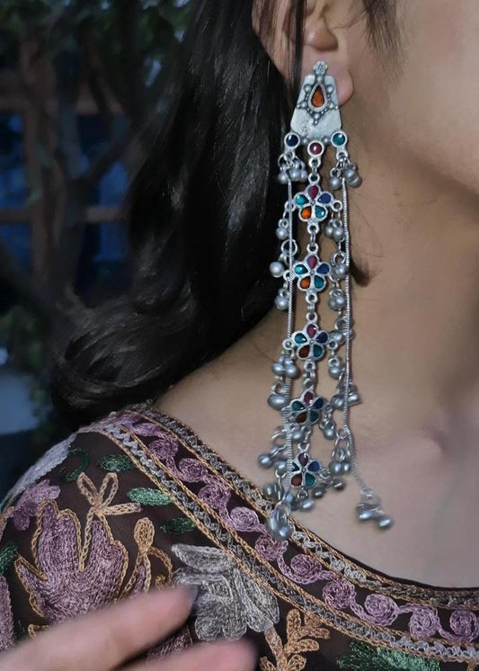 Gulnaar Kashmiri Oxidized Silver Long Jhumka