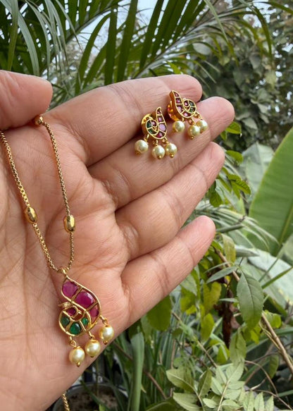 Alankaar Temple AD Necklace Set - Multi colour