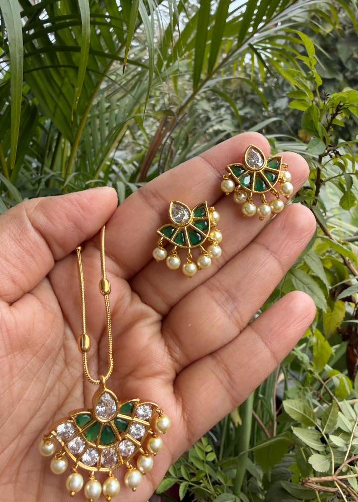 Ratna Temple AD Necklace Set - Green