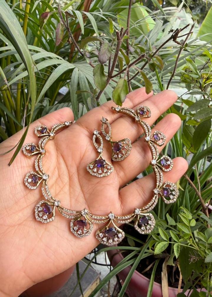 Chakravarti Temple AD Necklace Set - Lilac/Purple