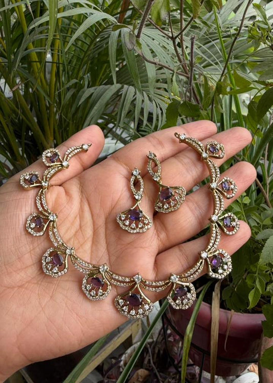 Chakravarti Temple AD Necklace Set - Lilac/Purple
