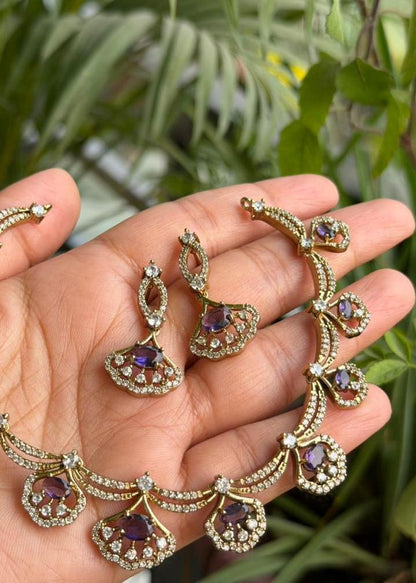 Chakravarti Temple AD Necklace Set - Lilac/Purple