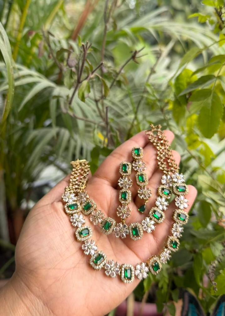 Parashakti Temple AD Double Layer Necklace Set - Green