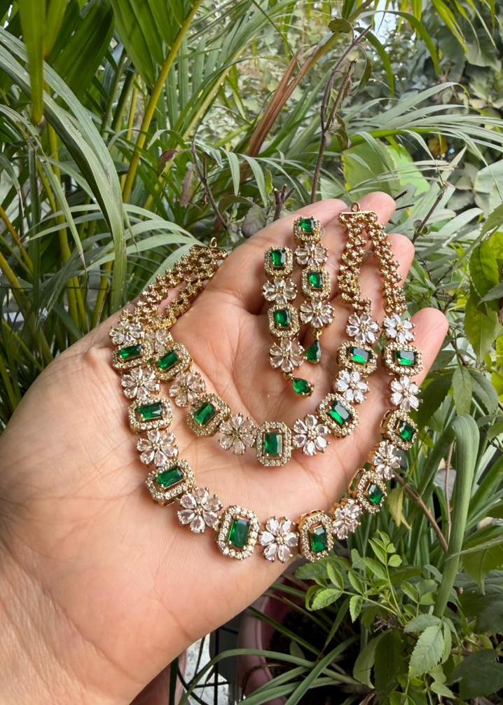 Parashakti Temple AD Double Layer Necklace Set - Green