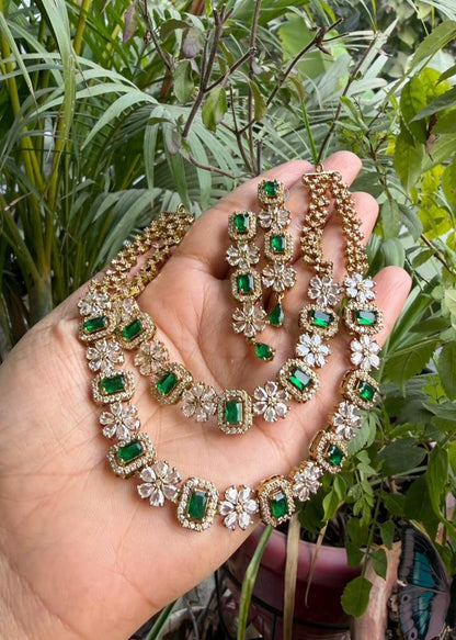 Parashakti Temple AD Double Layer Necklace Set - Green