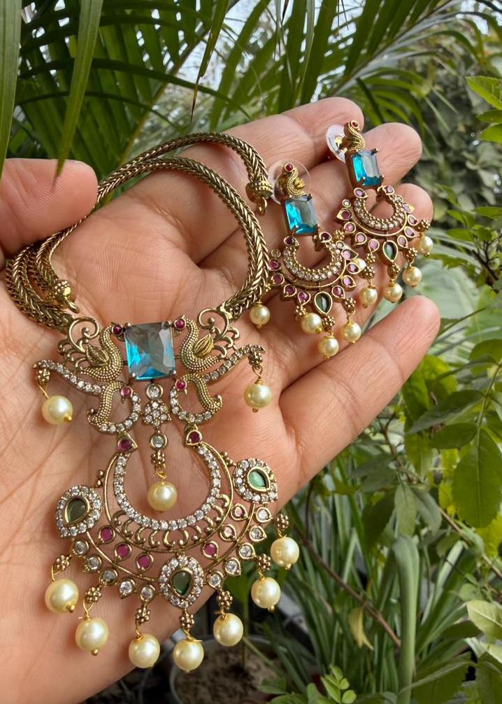 Padmavati Temple AD Necklace Set - Sea Blue