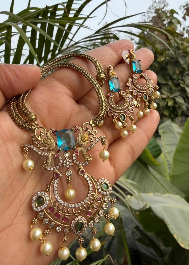 Padmavati Temple AD Necklace Set - Sea Blue