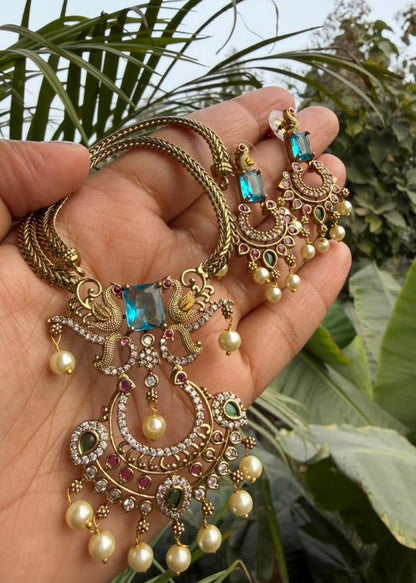 Padmavati Temple AD Necklace Set - Sea Blue