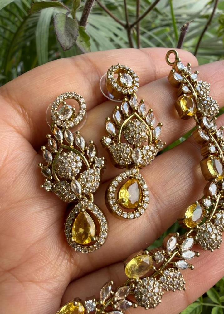 Rani Kamal Temple AD Necklace Set - Yellow