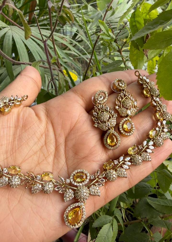 Rani Kamal Temple AD Necklace Set - Yellow