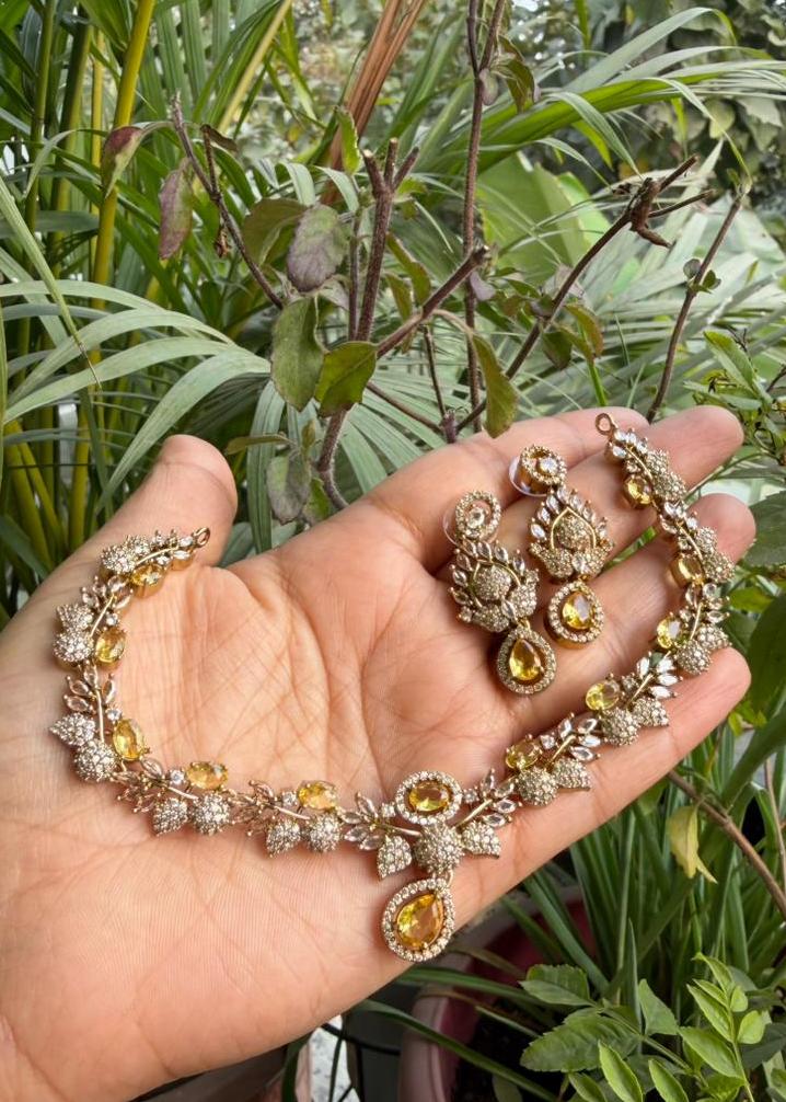 Rani Kamal Temple AD Necklace Set - Yellow