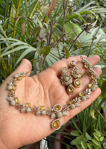 Rani Kamal Temple AD Necklace Set - Yellow