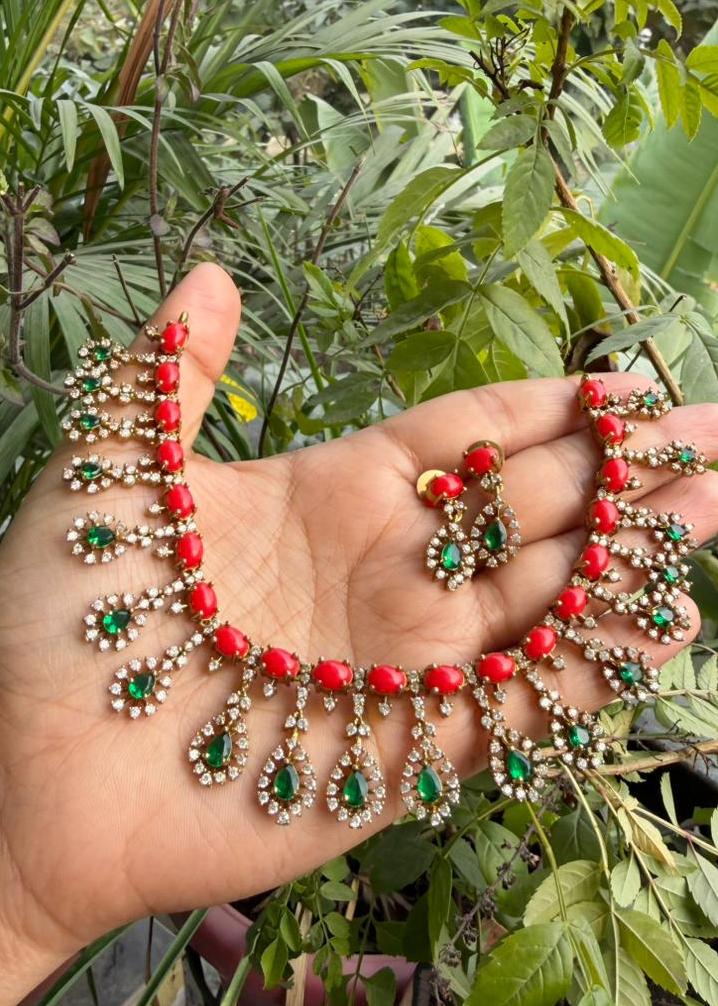 Devalika Coral Temple AD Necklace Set - Multicolour