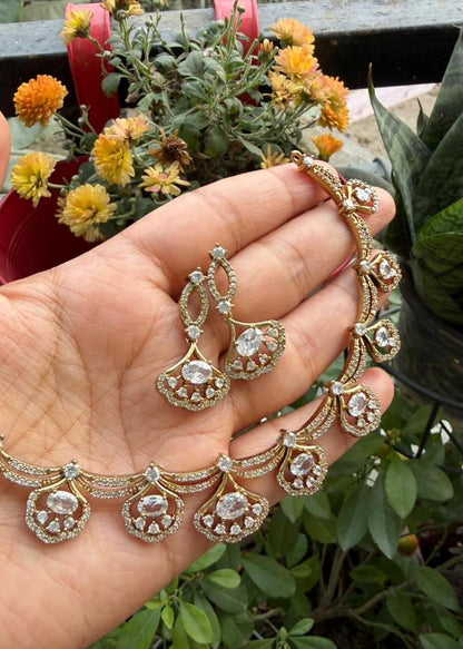 Chakravarti Temple AD Necklace Set - Clear/White