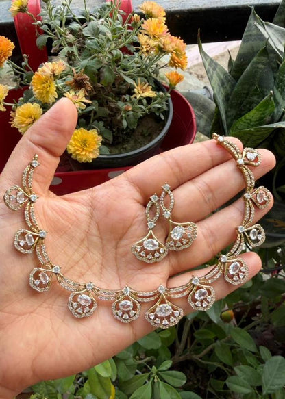 Chakravarti Temple AD Necklace Set - Clear/White