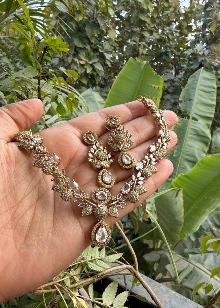 Rani Kamal Temple AD Necklace Set - White/Clear