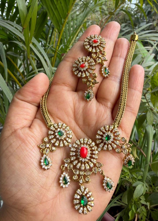 Antara Coral Temple AD Necklace Set - Multicolour