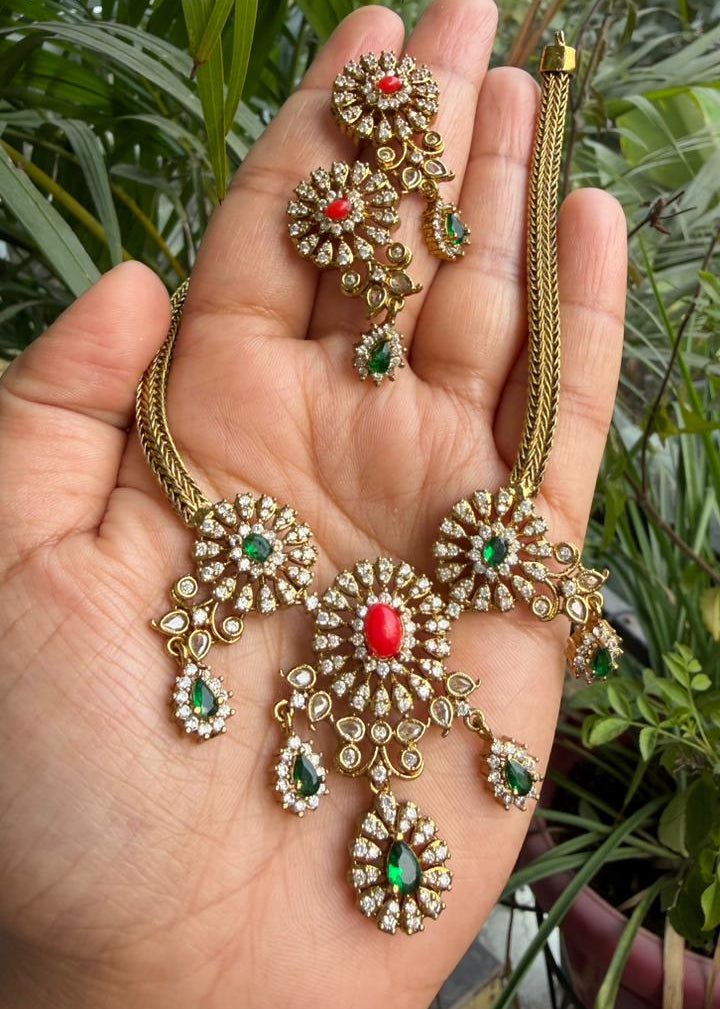 Antara Coral Temple AD Necklace Set - Multicolour