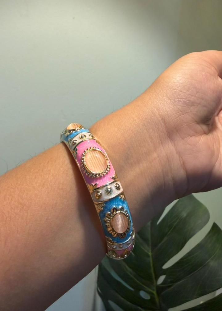 Antique Enamel Bangle - Single - Pink Stones