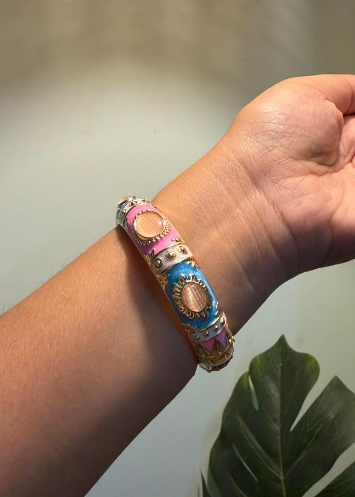 Antique Enamel Bangle - Single - Pink Stones