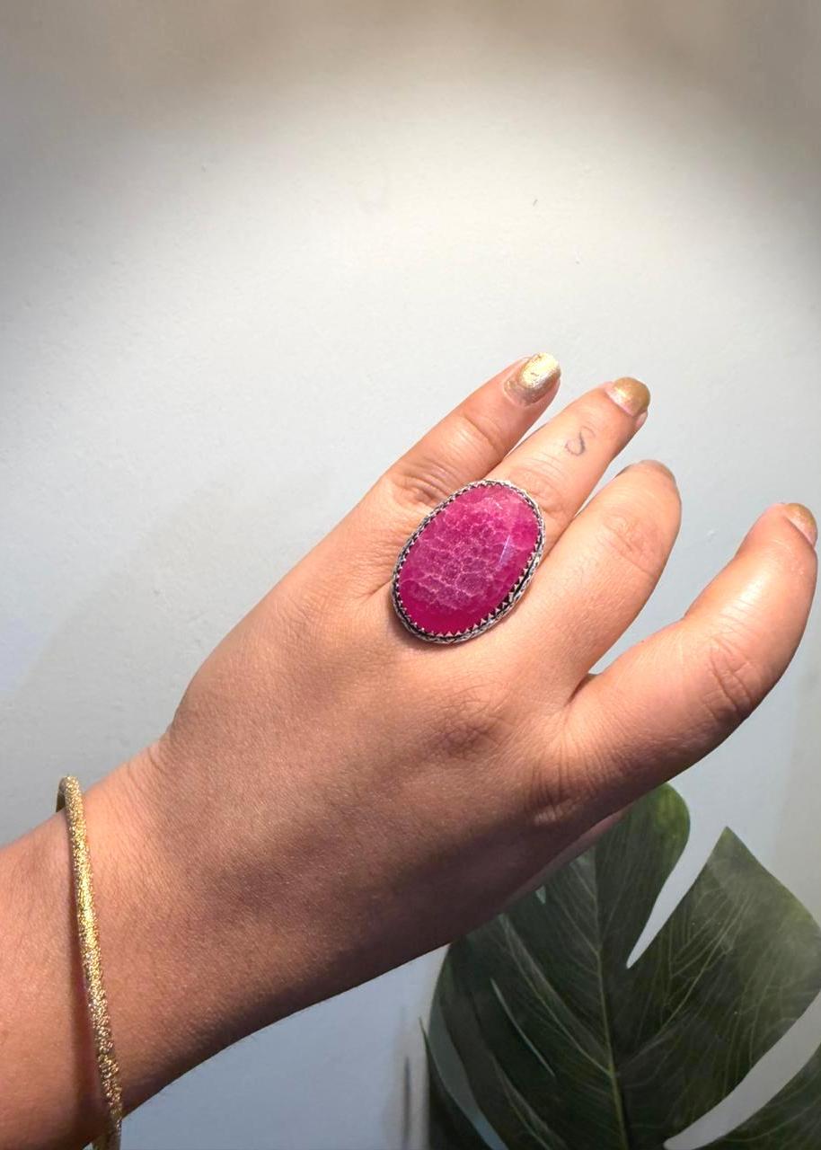 Gulabi Panna Natural stone Oxidized Ring