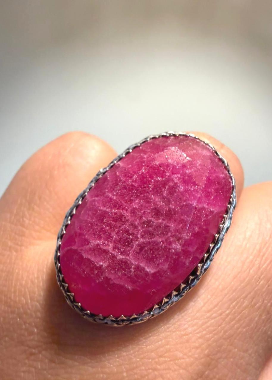 Gulabi Panna Natural stone Oxidized Ring