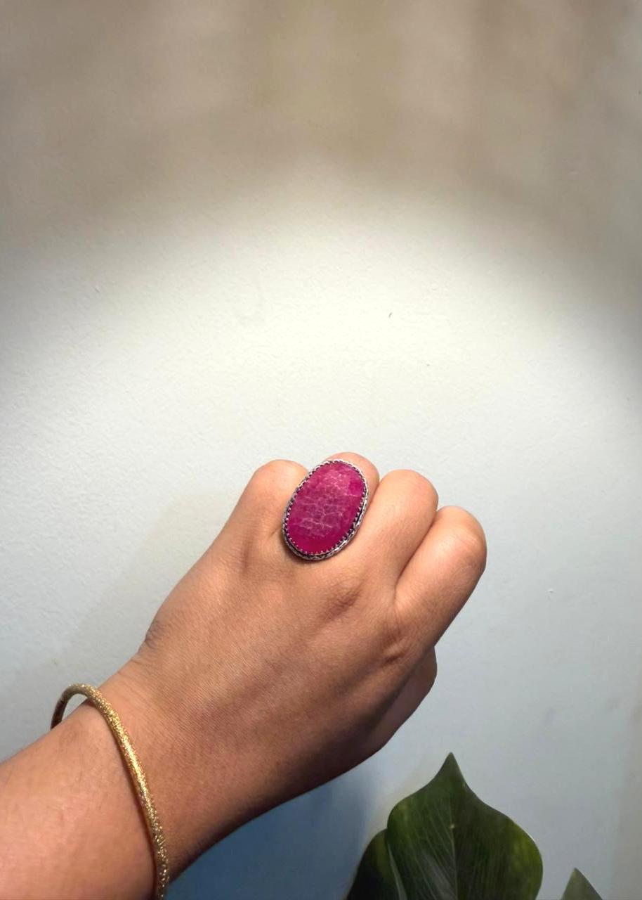 Gulabi Panna Natural stone Oxidized Ring