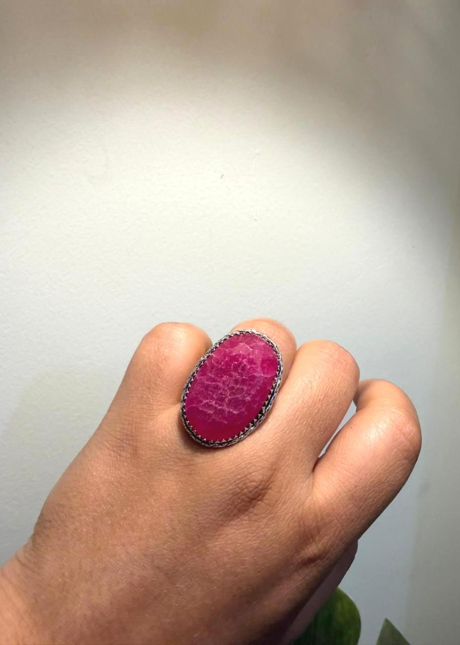 Gulabi Panna Natural stone Oxidized Ring