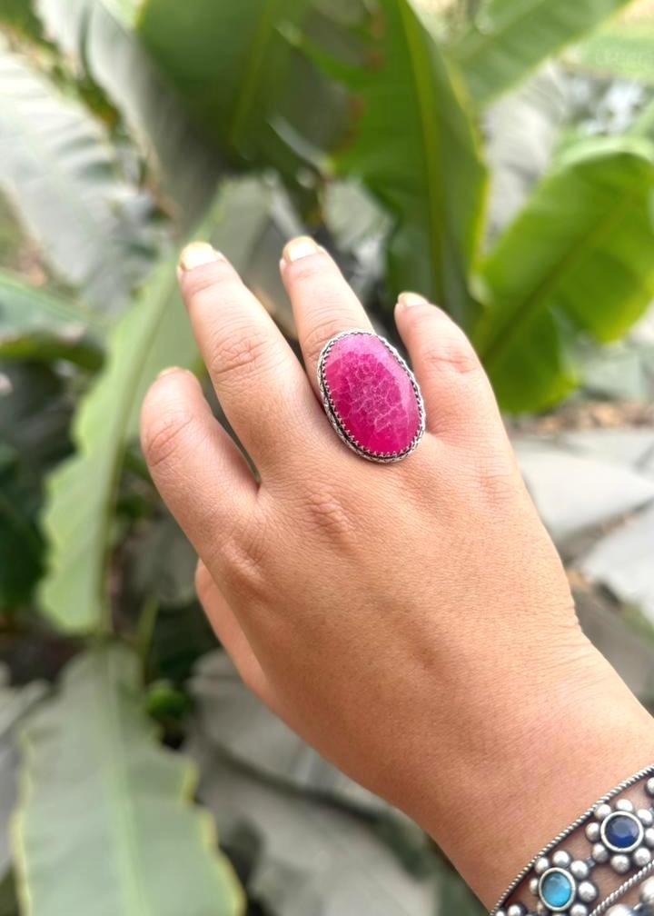 Gulabi Panna Natural stone Oxidized Ring