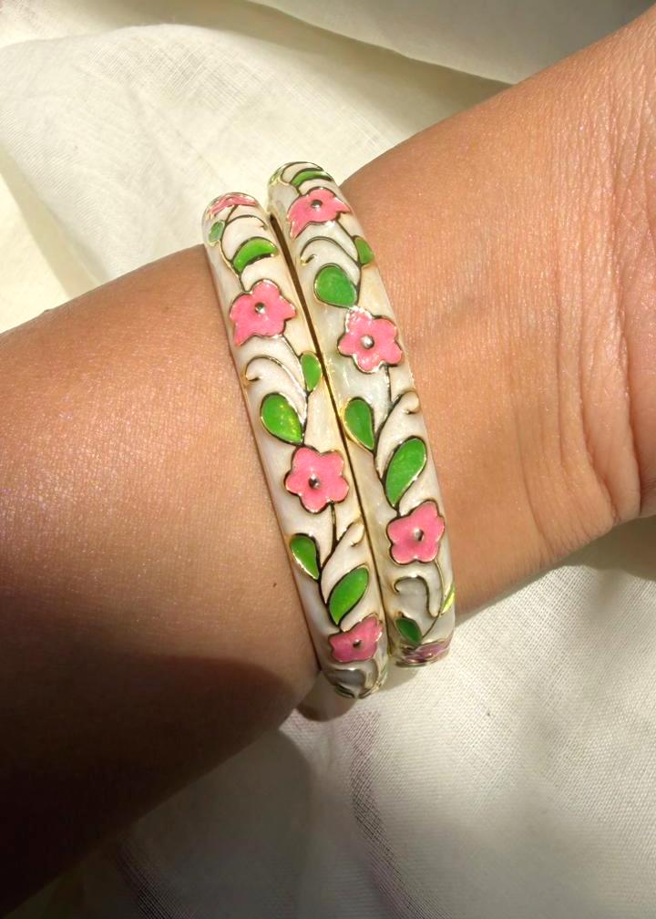White Garden Enamel Bangle-Single Piece